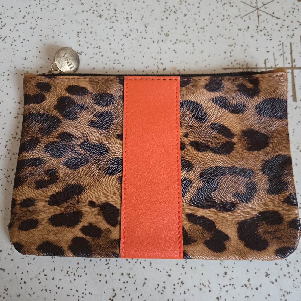 Ipsy Leopard Print Zipper Pouch with Orange Accent